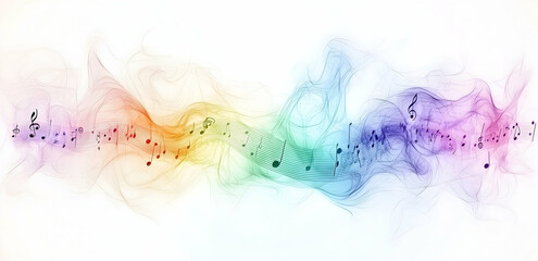 Colorful music notes vector background with a musical staff and sound waves, isolated on a white background.