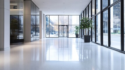 Fototapeta premium Spacious Modern Office Building Interior with Large Windows and Polished Floors : Generative AI