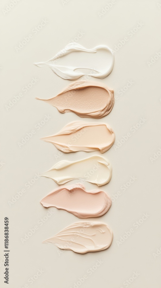 Poster different shades of foundation or cream are smeared on a beige background, creating a gradient effec