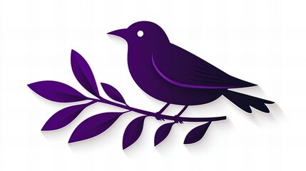 Obraz premium A purple bird perches on a branch with leaves, a minimalist illustration.