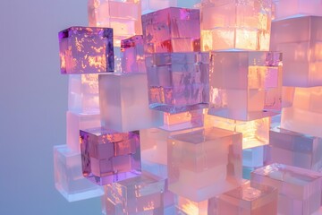 A vibrant arrangement of translucent cubes reflecting light in various colors.