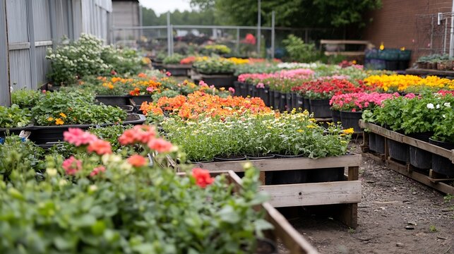 Vibrant Garden Center Full of Colorful Flowers in Bloom for Gardening Enthusiasts and Home Decor Inspiration : Generative AI