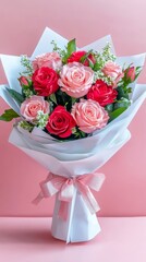 Valentine's Romantic Pink and Red Rose Bouquet Floral Arrangement Indoor Setting Close-Up View Love Concept