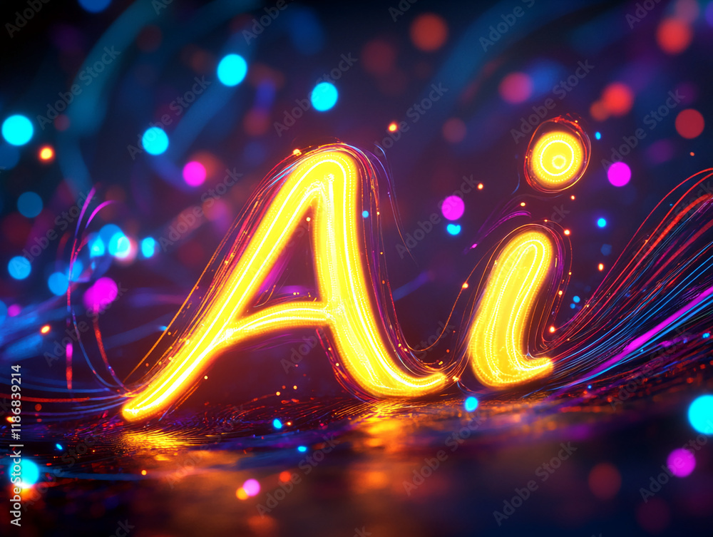 Poster Bright neon AI text surrounded by glowing colorful lights and abstract patterns
