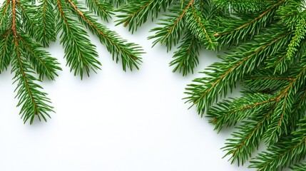 Obraz premium Fresh fir branches frame white background for holiday design.