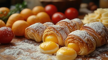Freshly Baked Croissants with Creamy Filling Surrounded by Colorful Fresh Produce and Ingredients on a Rustic Wooden Surface