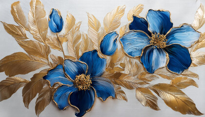 summary floral oil painting gold and blue pansy flower on white history generative ai