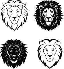 Lion face line art and silhouette vector illustration