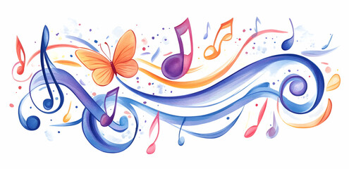 Obraz premium Colorful music notes and butterfly vector illustration design on a white background, with musical elements featuring watercolor splashes, 