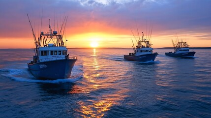 Obraz premium Dramatic Sunset Over Ocean with Three Commercial Fishing Boats : Generative AI