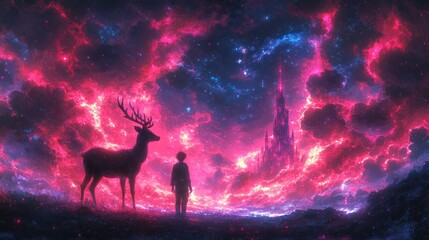 Boy and deer silhouetted against a fiery, cosmic castle landscape.