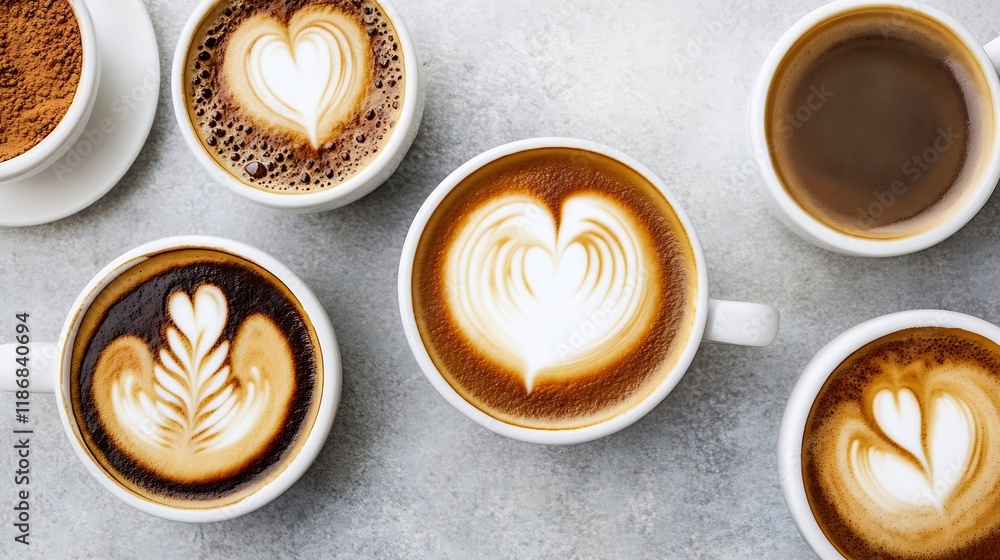 Aufkleber top view of assorted lattes with heart patterns in white cups on grey background : generative ai