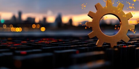 Fototapeta premium innovation vision goals visionary. Golden gear on a keyboard with a city skyline blurred in the background, suggesting innovation and technology.