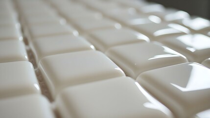 Abstract image of glossy white cubes arranged in rows, creating a minimalist and modern texture.  Perfect for backgrounds, website design, and more!