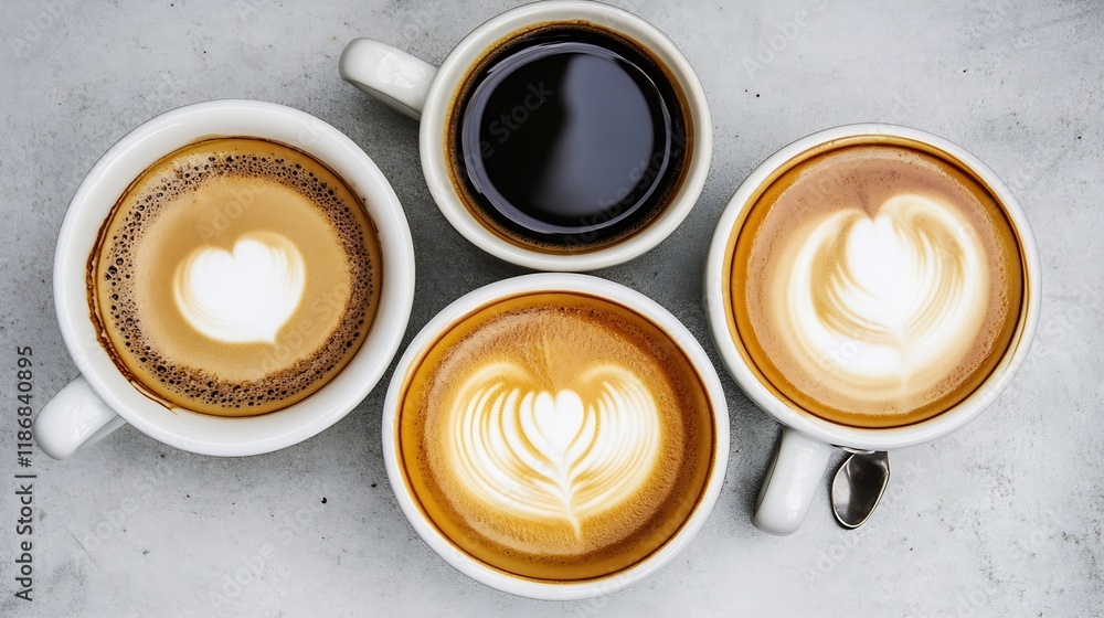 Poster top view of four cups of coffee with latte art on rustic gray background : generative ai