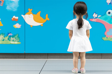 A little girl standing alone, gazing at a colorful wall with cartoon fish artwork. The image highlights curiosity and a sense of wonder in a vibrant environment.