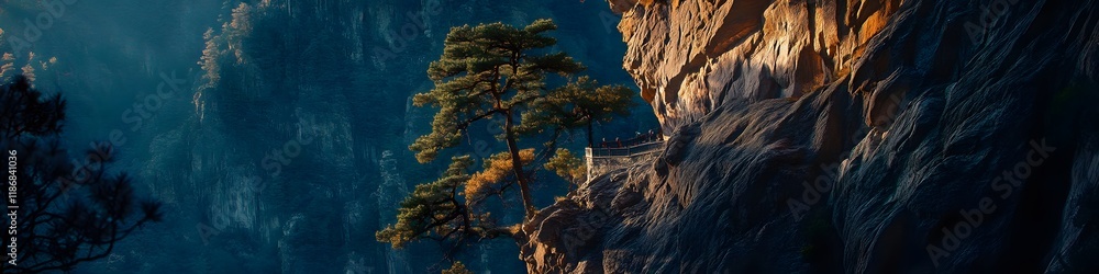 Fototapete Panoramic view of Tigers Nest Monastery illuminated by the golden hour light, with dynamic shadows adding depth to the dramatic cliffs, in 4K resolution