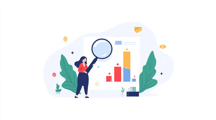 Businesswoman Analyzing Growth Chart: A young businesswoman stands confidently, holding a magnifying glass over a vibrant chart.