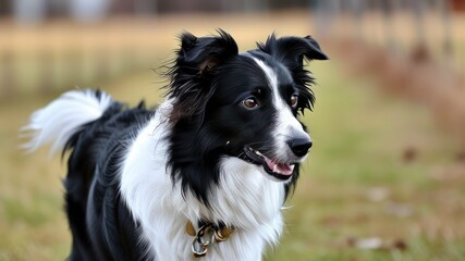 Fototapeta premium Happy black and white dog running in grassy field, showcasing playful spirit and companionship in a natural outdoor environment