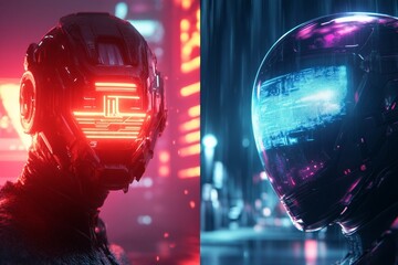 A cyberpunk-inspired UV-protected plaza glowing with neon lights, reflective surfaces, and holographic signs under a scorching artificial sun