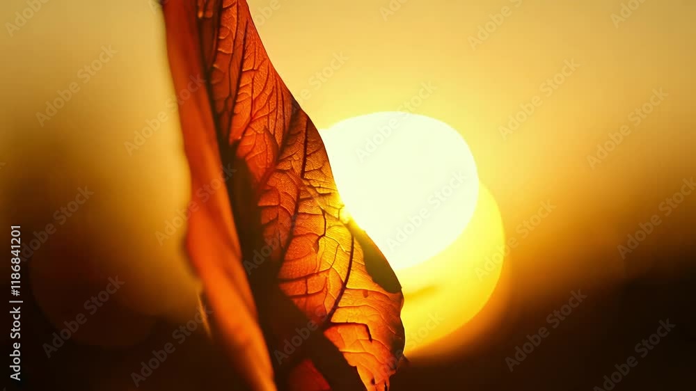 Poster zoom in video of a red maple leaf, lit from behind, showing its veins and patterns in golden hour li