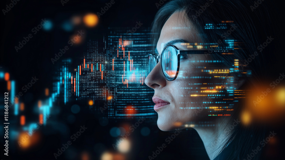 Poster woman coding in the digital realm: a woman in glasses gazes intently at a screen, her face overlaid 