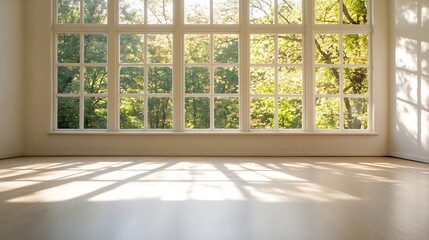 Fototapeta premium Sunlit Spacious Room with Large Windows Overlooking Greenery : Generative AI