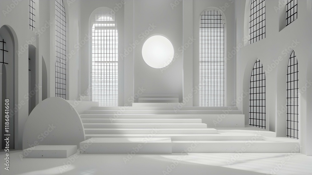 Aufkleber minimalist white architecture interior. abstract geometric shapes and large windows create a modern,