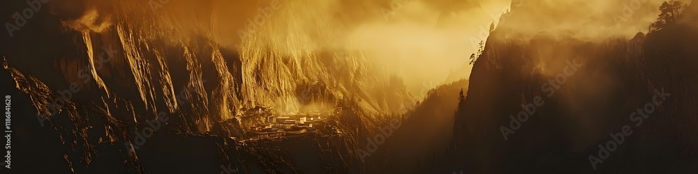 Aufkleber Panoramic view of the dramatic cliffs surrounding Tigers Nest Monastery illuminated by golden light, with dynamic shadows creating depth, in 4K resolution