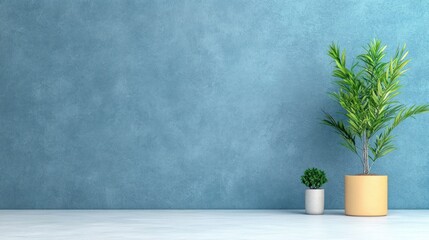 Contemporary Interior with Blue Stucco Wall and Potted Plant - 3D Rendered Background for Copy Space