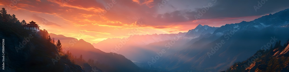 Aufkleber panoramic view of the himalayan range glowing under the fiery hues of sunset, with tigers nest monas