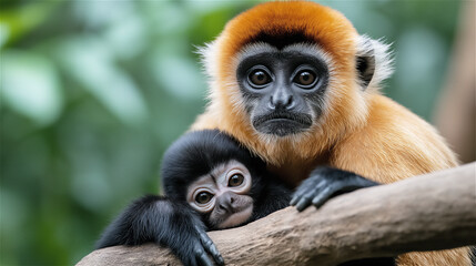 A close-up of a golden monkey hugging its baby in a tropical rainforest. The serene image highlights the bond between a mother and child in the wild.