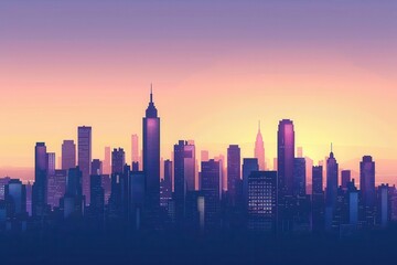 Fototapeta premium A vibrant city skyline at sunset, showcasing tall buildings against a colorful sky.