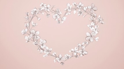 Elegant floral wreath forming a heart shape, set on a blush pink background, delicate and detailed