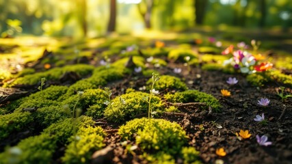 A carpet of green moss dotted with vibrant wildflowers basking in the warm glow of the setting sun