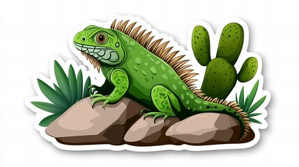 Fototapeta premium Green iguana basking on rocks in a desert-like setting, surrounded by cacti and lush green plants.