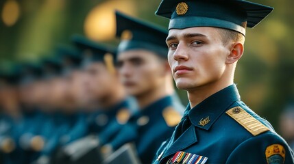 Obraz premium Young Male Cadet Standing Amongst Fellow Graduating Military Cadets During Their Commencement Ceremony.