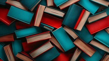 Stack of teal and red hardcover books.  Top view. Abstract book background.