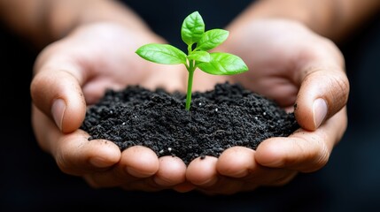 Hands Nurturing a Green Seedling Emerging from Dark Fertile Soil Symbolizing Growth, Hope, and Environmental Sustainability in Nature Conservation