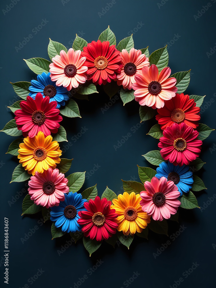Poster A Vibrant Wreath Crafted From An Array Of Colorful Flowers Adorns A Dark Background With Striking Visual Impact Overall. 00002