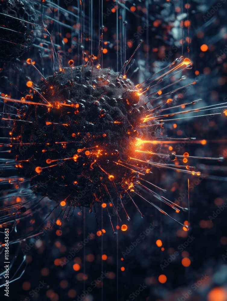 Poster detailed 3d visualization showcasing the intricate structure of a virus with glowing features and rn