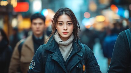 Fototapeta premium A young Asian woman with long hair and dark eyes walks through a crowded city street at night.