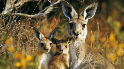 Adorable Kangaroo Mother with Two Joey's in Australian Outback fur wild cute bush brown grass fauna 