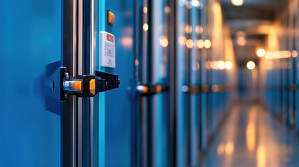 A close-up of a lock on a blue storage unit, showcasing a well-lit corridor lined with similar units, emphasizing security and organization.