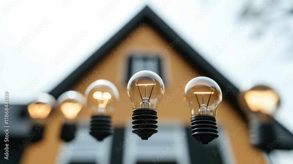 Poster a close-up view of hanging light bulbs in front of a yellow house, creating a warm and inviting atmo
