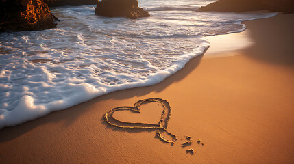 A romantic beachside proposal captured at sunset, with a heart drawn in the sand and waves gently lapping at its edges. 