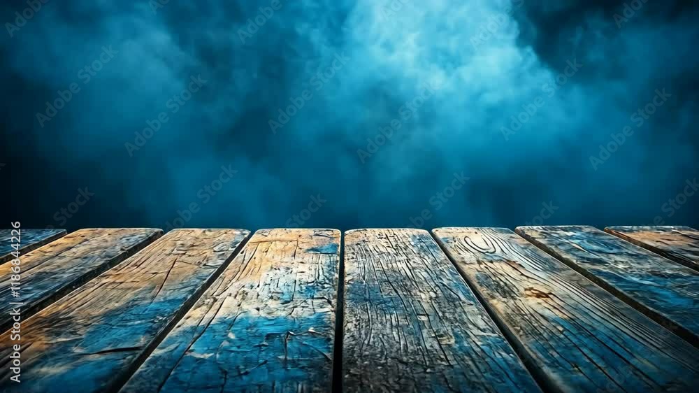 Poster wooden surface with smoke backdrop creating a mysterious atmosphere at twilight