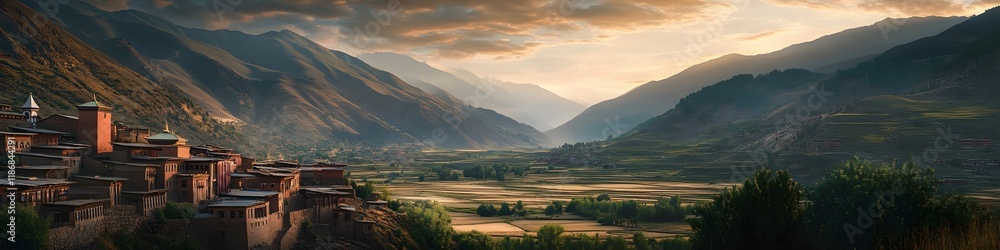 Fototapete wide-angle shot of the serene valley below the monastery illuminated by golden hour light, with dist