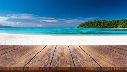 Fototapeta premium pinnacle of the wood table iin the front of the white beach