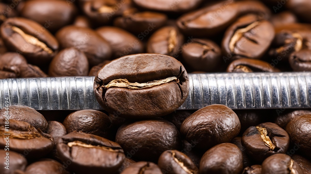 Poster Closeup of Aromatic Coffee Beans Featuring Textured Metal Object in Rustic Style : Generative AI